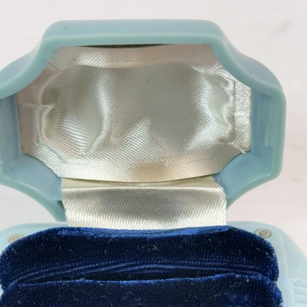 Vintage Dennison Blue Plastic Ring Box Art Deco Velvet Jewelry Case USA
